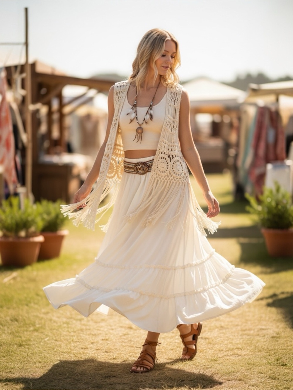 KENDALL AND KYLIE IVORY CROCHET BOHO FRINGED SLEEVELESS VEST